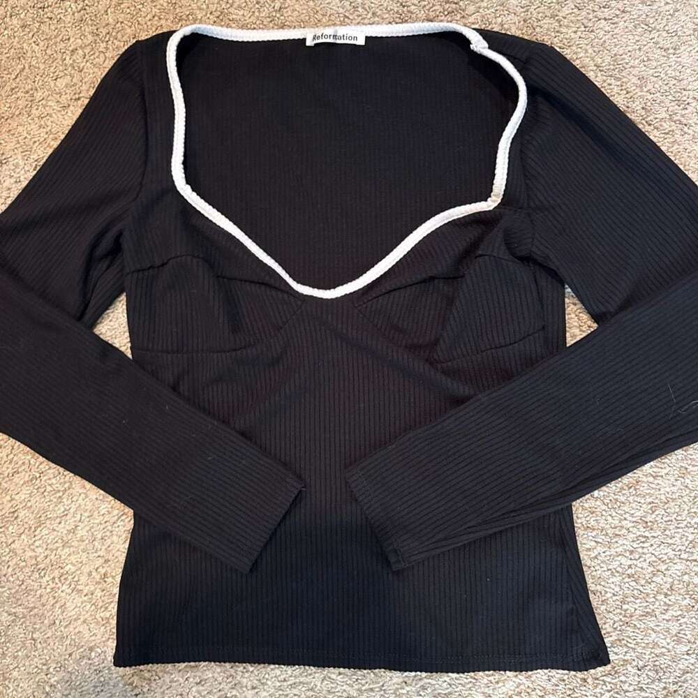Reformation Black Ribbed Long Sleeve Neckline Top with Contrast White Trim